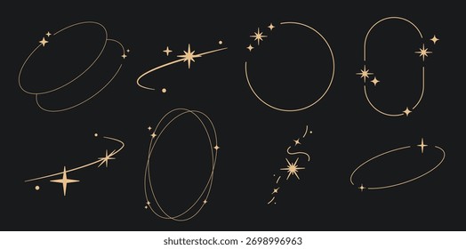 Marco de la estrella de la chispa. borde redondo de la corona de polvo de estrellas para el partido, diseño de la decoración del cumpleaños. marco de laurel con, brillo cósmico. Ilustración vectorial plana negra aislada.