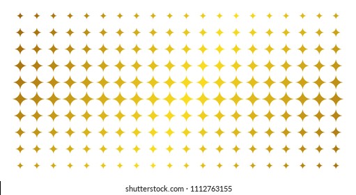Sparkle Star Icon Gold Halftone Pattern. Vector Sparkle Star Shapes Are Arranged Into Halftone Grid With Inclined Gold Color Gradient. Designed For Backgrounds, Covers,