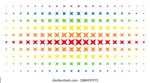 Sparkle star icon rainbow colored halftone pattern. Vector sparkle star objects are organized into halftone array with vertical spectrum gradient. Designed for backgrounds, covers,