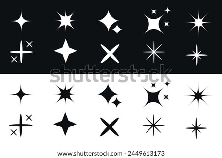 Sparkle star icon set. Abstract sign symbol. Stars Sparkles sign symbol set. Decoration element. Cute shape collection. Shining effect. Flat design. Black and white background Isolated. Vector