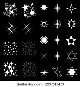 Juego de iconos de estrella de brillo. Diferentes formas de estrellas, constelaciones, galaxias. Ilustración vectorial aislada en el fondo negro. EPS10