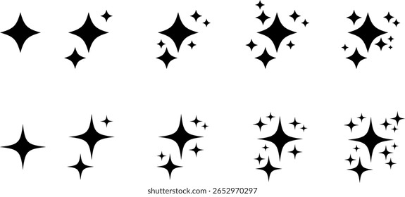 Conjunto de iconos de estrellas brillantes. Gráficos brillantes para la decoración. Formas brillantes negras. Insignia de venta retro Sunburst. etiqueta en blanco estrella. estrellas centelleantes