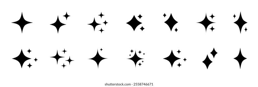 sparkle star icon set. Minimalist Black Starburst Shapes. Elegant Twinkle, Glitter, Shine Elements, Clipart symbol collection, Abstract Blink sparkle stars, Vector, Illustration, Transparent, PNG.