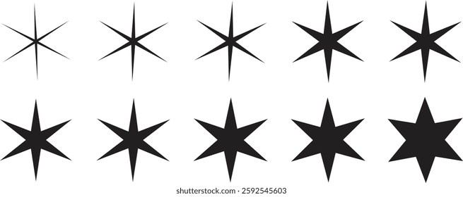 Sparkle star icon set. Retro futuristic sparkle vectors isolated on transparent background. Shining sparkle icon, Blink twinkle star shapes collection. Abstract cool shine effect sign vector design.