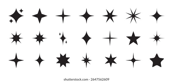 Conjunto de ícones de estrela cintilante. Vetores brilhantes de estrela brilhante com efeitos cintilantes e clarões de luz mágica abstratos. Retro futurista faísca vetor estrela modelos pacote isolado no fundo branco.