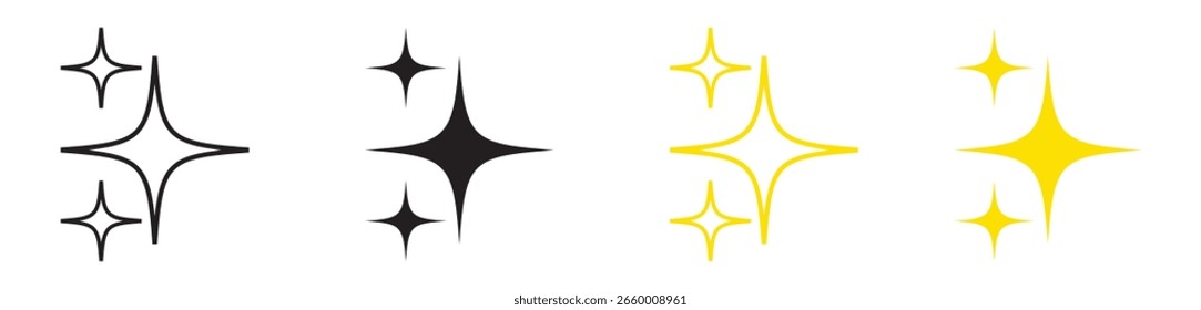 Leuchtstern-Symbolsatz. Glänzende glitzernde Symbole in Umrissen, Volltonstilen und Farbstilen