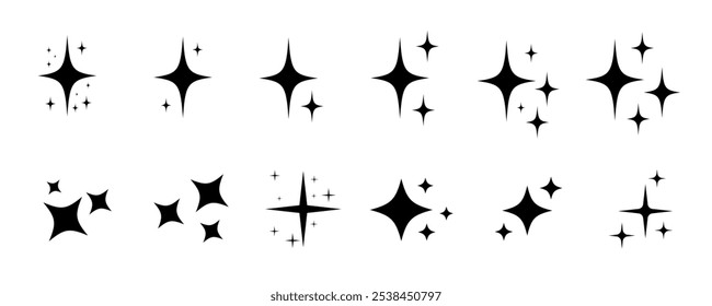 Conjunto de iconos de estrella brillante. Símbolo simple de explosión estelar. Vector conjunto de brillantes iconos de estrellas negras brillantes y Formas de estrellas de rayos de sol. Abstractas bengala de luz mágica. PNG transparente y Ilustración vectorial.