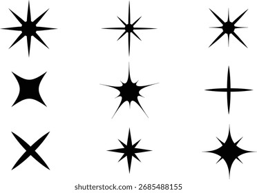 Conjunto de iconos de estrella brillante, Ilustración vectorial de silueta negra simple.