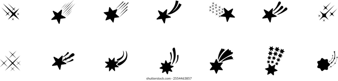 Sparkle star icon set. Stars icon collection. Meteorite and comet symbols. Black stars icon set. Falling stars Vector illustration