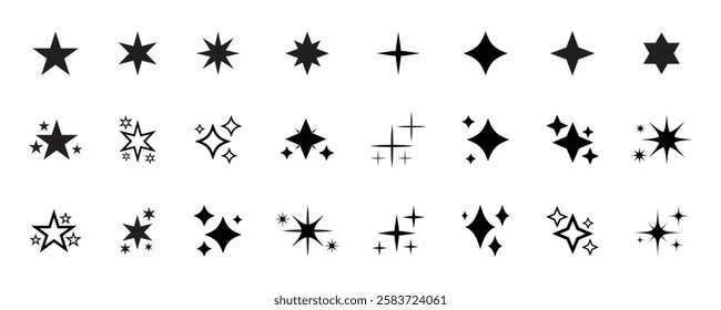 Sparkle star icon set. Stars icon collection. Black stars icon set. Different star shapes. Vector illustration