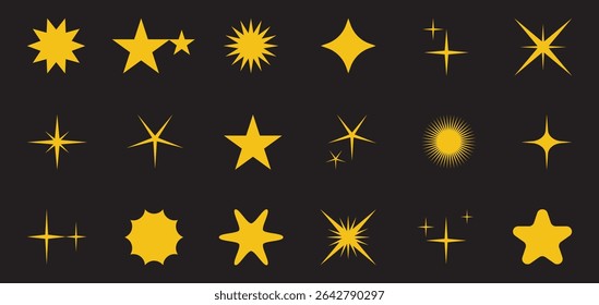 Sparkle Star Icon Set - Vector Stock Illustration. Different forms of stars, constellations, galaxies. Collection of big Premium Quality Icons. Icon Set of Sparkles and Stars on Black Background.