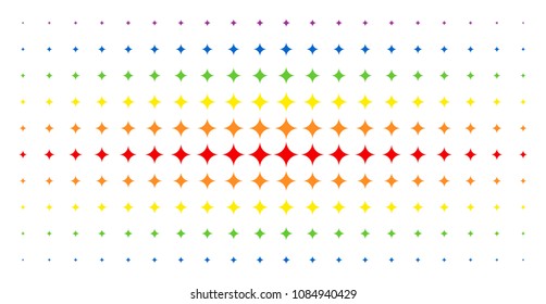 Sparkle star icon spectral halftone pattern. Vector sparkle star objects are organized into halftone array with vertical spectrum gradient. Designed for backgrounds, covers,