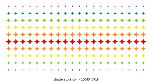 Sparkle Star icon spectrum halftone pattern. Vector symbols organized into halftone matrix with vertical rainbow colors gradient. Constructed for backgrounds, covers,