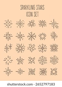 Sparkle star icon. Stardust hand drawn elements, galaxy flash, supernova, cosmic glow. Astronomy sign, night sky light. Universe stellar, outline shapes for design vector celestial doodle isolated set