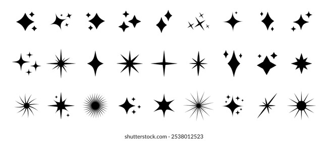 ícono de estrella brillante, Vectores de estrella brillante, ícono de brillo brillante, parpadeo, colección de Formas de estrella de explosión de sol. Llamarada mágica Abstractas de la luz, paquete de Plantillas del icono de las estrellas de Vector aislado en el fondo blanco