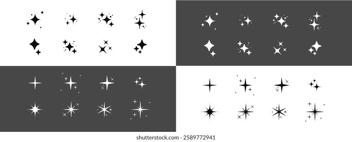 sparkle star icon, star sparkle vectors, Shining sparkle icon, Blink twinkle. Abstract magic light flare, vector stars icon templates pack isolated on white background and black background.