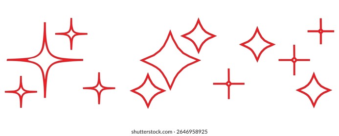 ícone de estrela cintilante, vetores de brilho estrela, ícone cintilante brilhante, piscar vermelho, coleção de formas de estrela sunburst. Chama de luz mágica abstrata, estrelas vetoriais ícone modelos pacote isolado no fundo branco