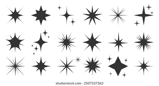 Sparkle star icons collection. Modern simple bling spark. Flash Flare Burst Magic shine Twinkle Glint Clean Effect. Black geometric stars shapes. Glitter symbol