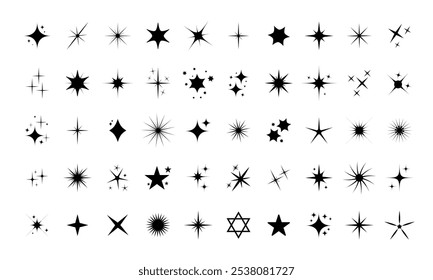 sparkle star icons collection. Vector set of shiny black star sparkle icons, and sunburst star shapes. Abstract magic light flare pack Isolated on a white background.