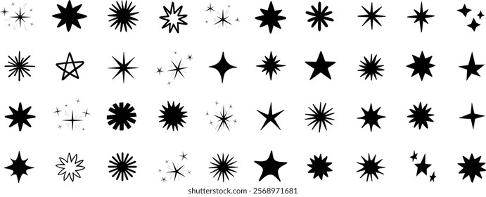 sparkle star icons collection. Vector set of shiny black star sparkle icons, and sunburst star shapes. Abstract magic light flare pack Isolated on a white background