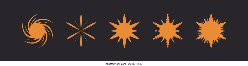 Sparkle Star Icons Set. Gold Geometric Starbursts and Sunburst isolated on Dark Background. Flat Vector Icon Design Template Elements.