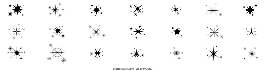 Sparkle star icons set. Set of Star shapes. Black stars icon set. Twinkling stars. Shine icon. sparkles. blink icon. shining burst. Christmas, magic, pattern, twinkle, light, design, logo, vector