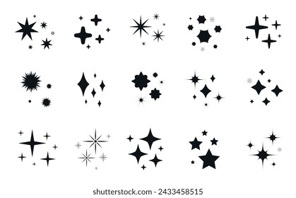 Sparkle star icons set. Stars and magic lights sparkles black silhouette set. Magic shine effect, starburst collection