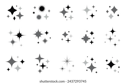 Conjunto de iconos de estrellas brillantes. Estrellas y luces mágicas destella conjunto de silueta negra. Efecto de brillo mágico, colección starburst