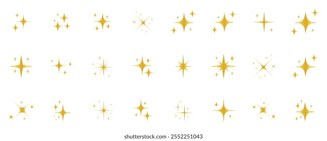 Ícones de estrela cintilante, ícone Brilho, estrelas cintilante, ícone, brilho, vetor, magia, padrão, rabiscar, cintilar, luz, silhueta.brilhar ícones na cor dourada.