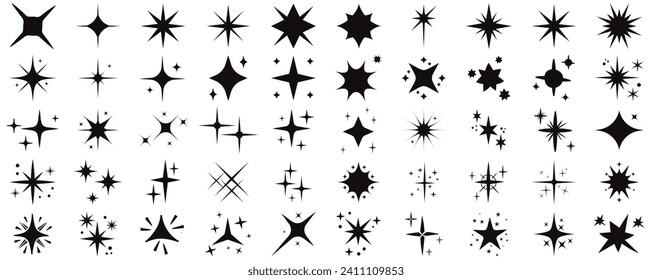 Iconos de estrella de brillo. Iconos brillantes.Iconos de estrella. Estrellas de guijarros. Parkles, resplandeciente. Símbolos vectoriales de Navidad aislados