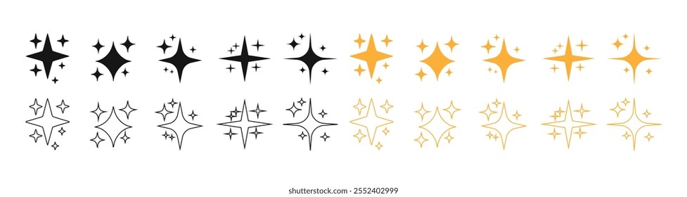  Sparkle star icons. Shine icons. Stars sparkles vector Stars collection. Star vector icons. Golden and Black set of Stars, isolated on transparent background.