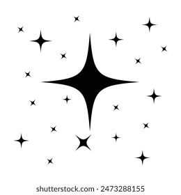 Sparkle star icons. Twinkling stars. Shine icon, Clean star icon.  Minimalist silhouette stars icon, twinkle star shape symbols. Black sparkles symbols vector.