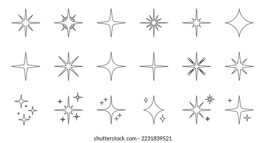 Sparkle Star Line Icon Set. Glow Spark Flash Stars Black Outline Collection. Shine Burst Magic Decoration Symbol. Glistering Effect Light. Twinkle Flare. Isolated Vector Illustration.