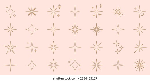 Juego de iconos de la línea de estrella de esparkle. Colección de contorno negro de las Estrellas Flash de chispa brillante. Símbolo de la decoración mágica de Brist Burst. Luz del efecto de la ampolla. Twinkle Flare. Ilustración de vectores aislados.