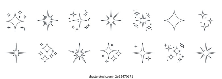 Sparkle And Star Line Icon Set. Twinkling And Shining Outline Symbol Collection. Editable Stroke. Isolated Vector Illustration.