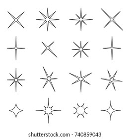 Sparkle star line set. Wedding, Christmas and special event decor, sparkle and shine elements. Vector line art illustration isolated on white background