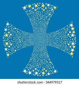 Sparkle Star Maltian Cross vector illustration. Style is yellow and white bicolor flat stars, blue background.