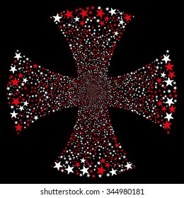 Sparkle Star Maltian Cross vector illustration. Style is red and white bicolor flat stars, black background.