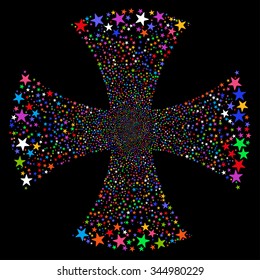 Sparkle Star Maltian Cross vector illustration. Style is bright multicolored flat stars, black background.