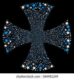 Sparkle Star Maltian Cross vector illustration. Style is blue and white bicolor flat stars, black background.