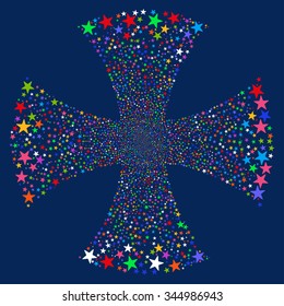 Sparkle Star Maltian Cross vector illustration. Style is bright multicolored flat stars, blue background.