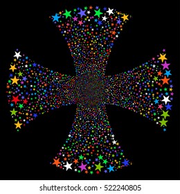 Sparkle Star Maltian Cross vector image. Style is bright multicolored flat stars, black background.