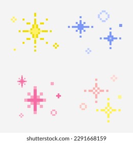 sparkle star pixel, Sparkling pixel set, vector sparkling pixel set, Bright yellow pink purple sparkling pixel