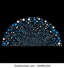Sparkle Star Semisphere vector illustration. Style is blue and white bicolor flat stars, black background.