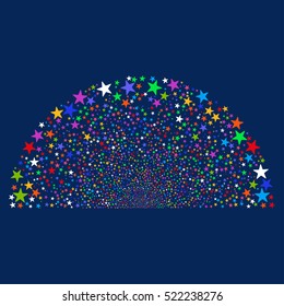 Sparkle Star Semisphere vector image. Style is bright multicolored flat stars, blue background.