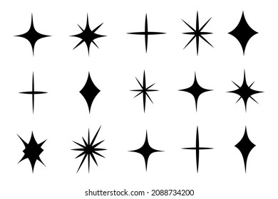 Sparkle star set icon in simple style, vector illustration. Effect shiny and twinkle for design. Silhouette collection star isolated symbol for decor. Black simple shape star on a white background