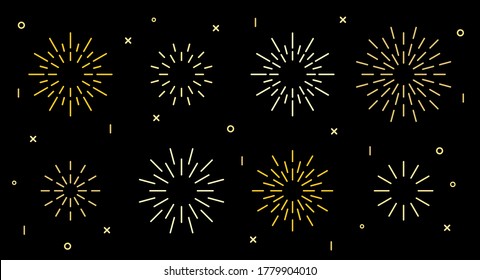 Sparkle Star Shape Art Deco Fireworks Burst Pattern Collection. Gold Star Shaped Firecracker Pattern Collection Isolated On Black Background With Rays And Trails. Carnival Celebration Fireworks Burst