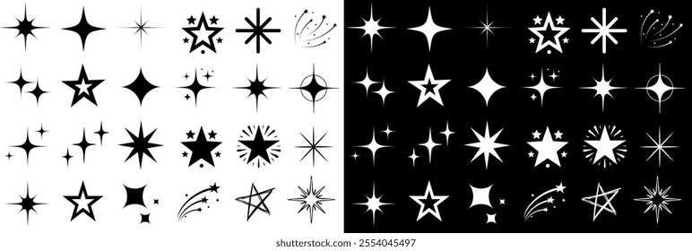 sparkle star and starburst icon set, sparkles, glowing stars, abstract cosmic shapes, shooting stars, celestial symbols for logos, backgrounds, graphic design, or decorative elements