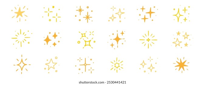 Ícone de elemento de vetor estrela cintilante. Estrela de ouro cintilante brilhante faísca mão desenhada ícone conjunto. Estilo de rabiscar de desenho à mão. Magia luz ouro decoração fundo vetor ilustração