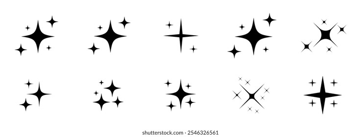 Sparkle star vector icons set. Star icons vector set. Shine or sparkle vector set of ten various stars in black color on white background.